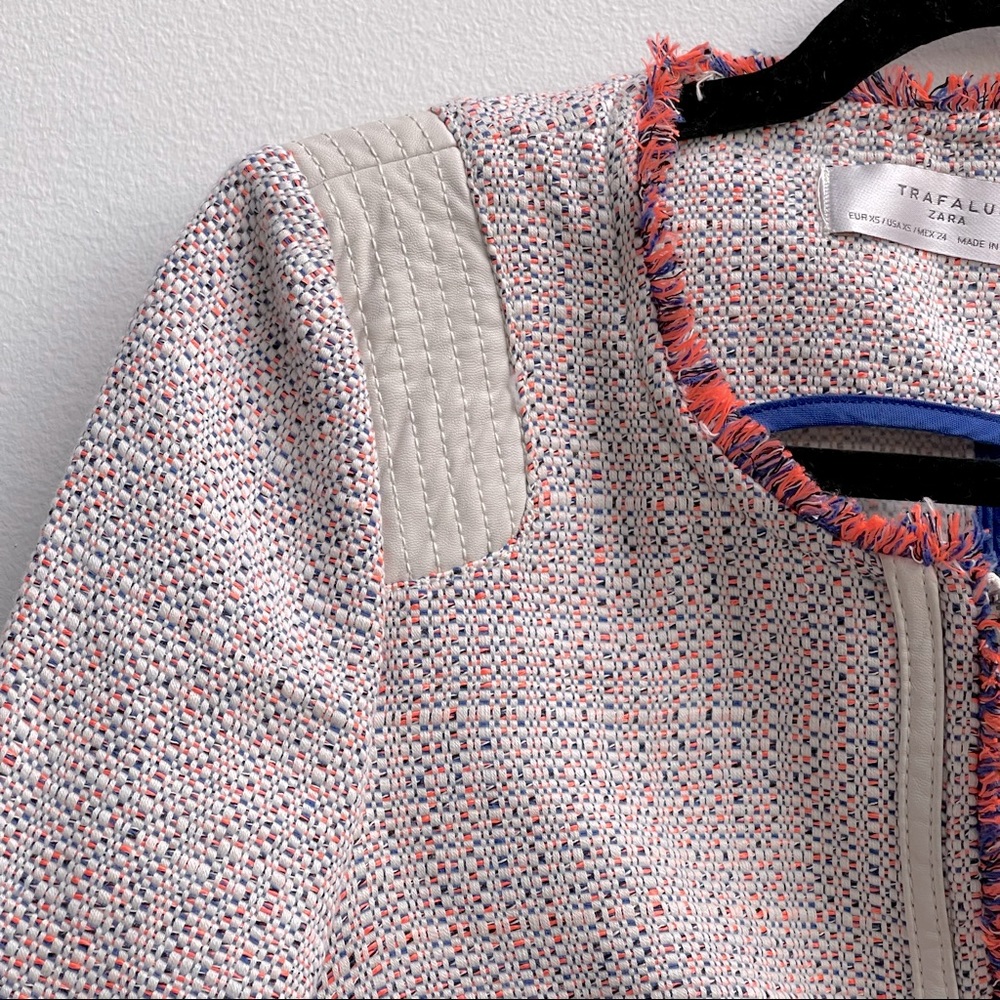 Zara Neon Orange/Blue Zip-up Tweed boucle jacket - Picture 7 of 8